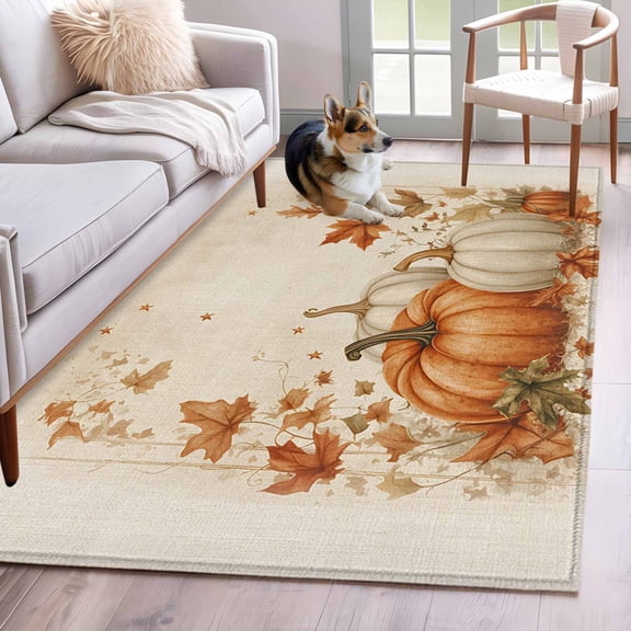 Area Rug for Living Room, Orange White Pumpkin Fall Non-Slip Indoor Large Carpet for Bedroom/Dining Room, Thanksgiving Botanical Leaves Rustic Low-Profile Rectangle Floor Runner Rugs - 4 x 6 Ft