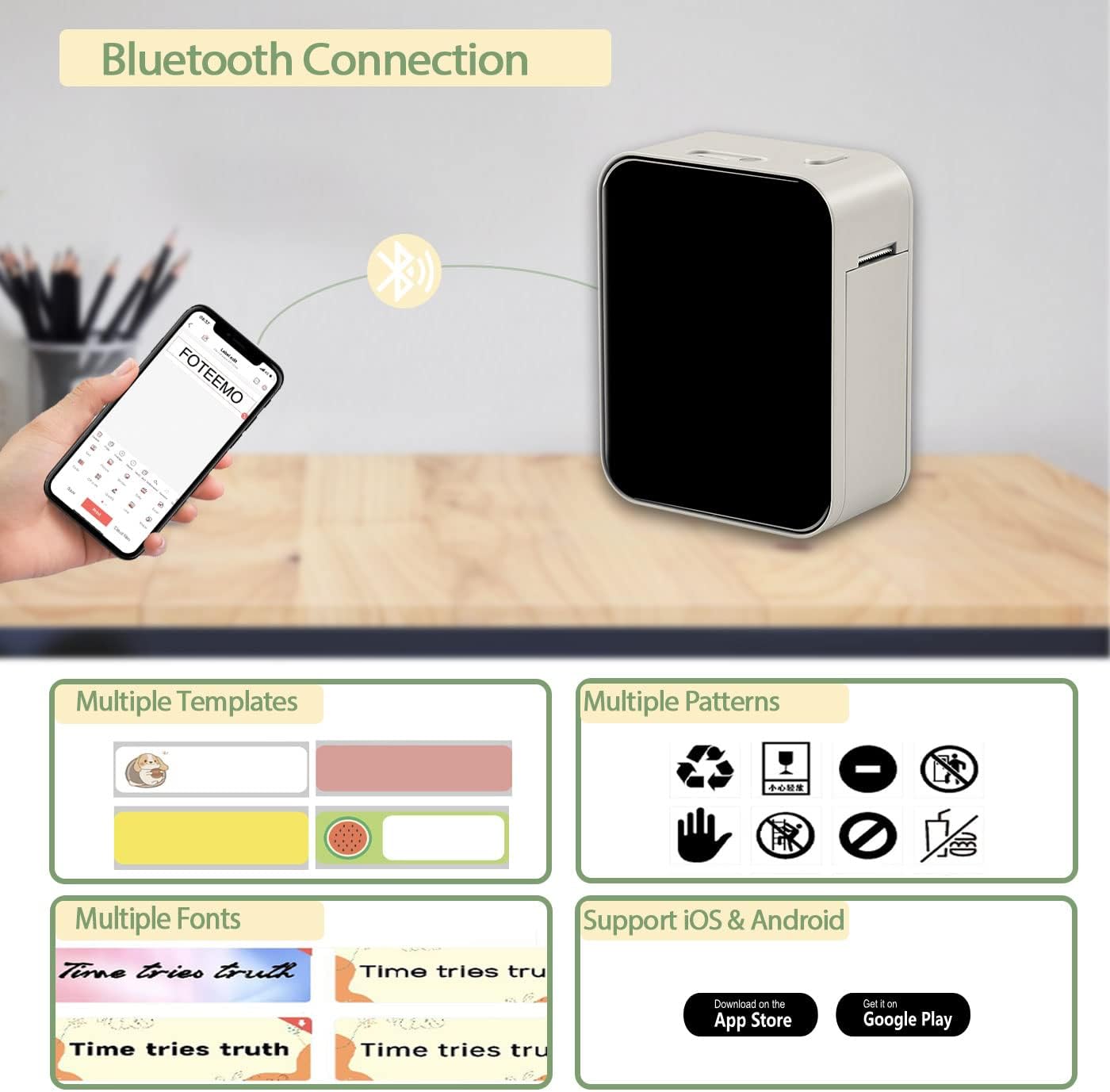 Label Printer Machine With 2 Tape, FOTEEMO Portable Wireless Connection Label Sticker Maker Bluetooth Mini Label Printer Inkless Rechargeable Label Sticker Printer For Office Home Organization (Beige)