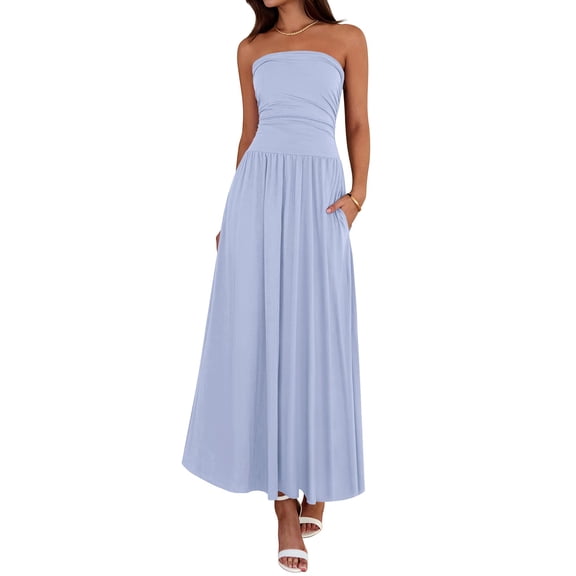 LWavelet Women's Strapless Ruched Waist Maxi Dress with Pockets for Party & Casual Wear Light Blue L
