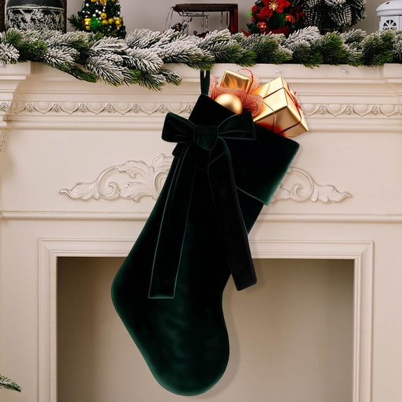 Large Velvet Christmas Stocking, Green, Exquisite Christmas Decoration for Fireplace Mantel or Christmas Tree, Vintage Style Holiday Candy Bag with 3D Bow, 1 Count