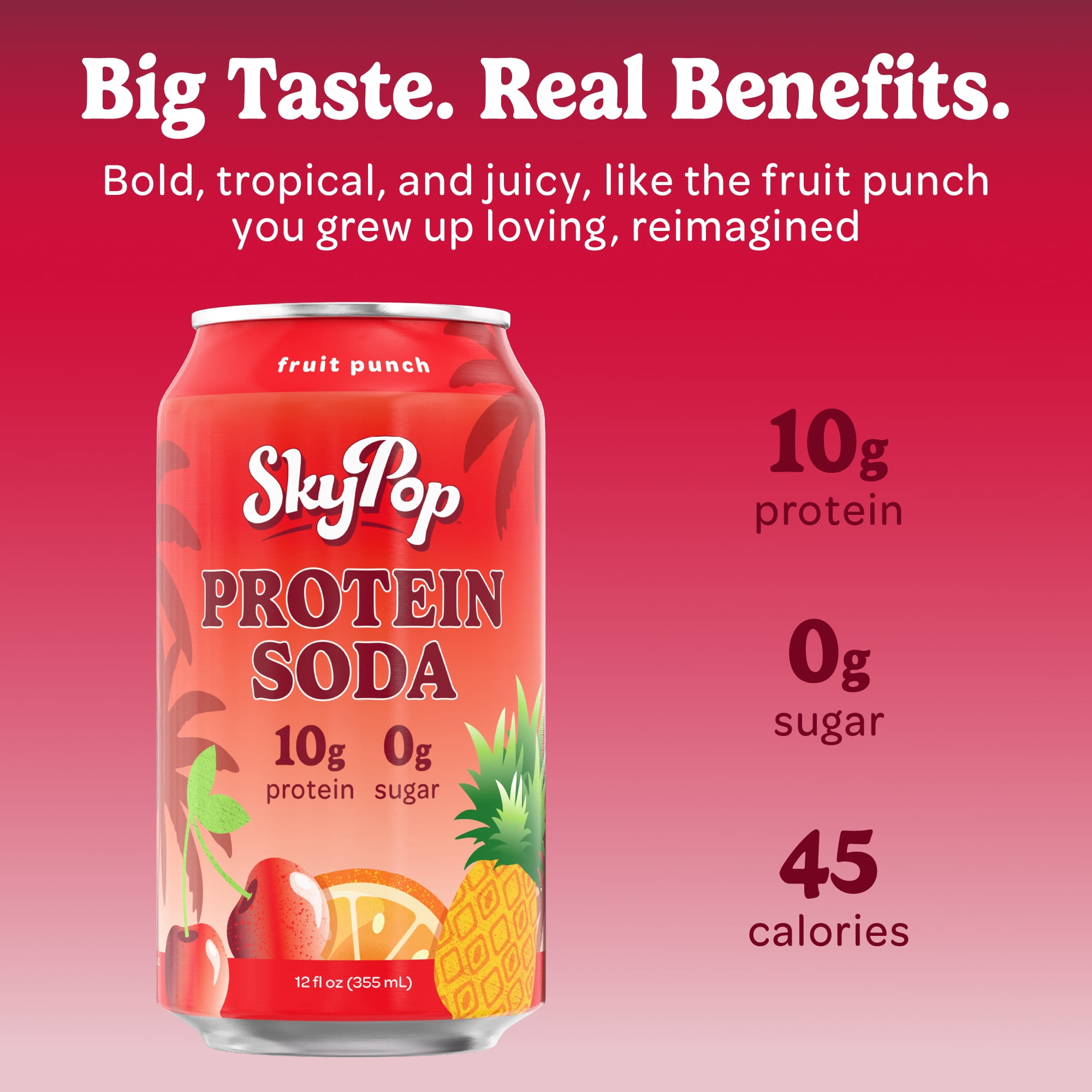 SkyPop™ Protein Soda - Next-Generation Soda Crafted with Bold Flavor, 10g of Whey Protein, & Only 45 Calories - No Artificial Flavors or Colors - Sugar, Gluten & Caffeine Free (12 Pack, Fruit Punch)