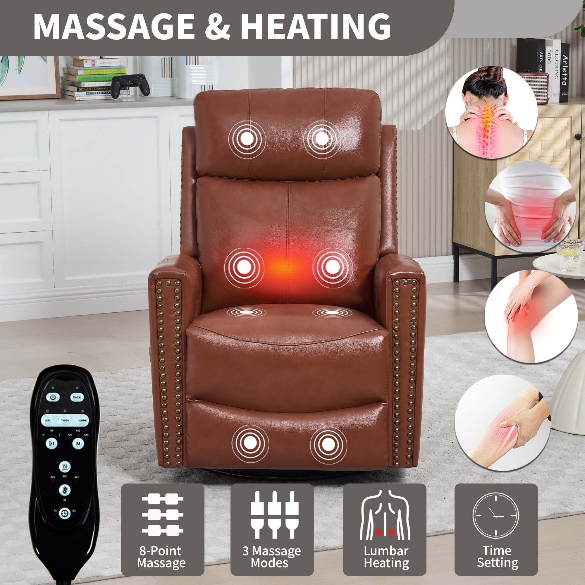 Gewnee Manual Recliner Chair,360°Swivel Massage Recliner Chair with Heat,Rocker Recliner Chair for Living Room,Bedroom.Red Genuine Leather