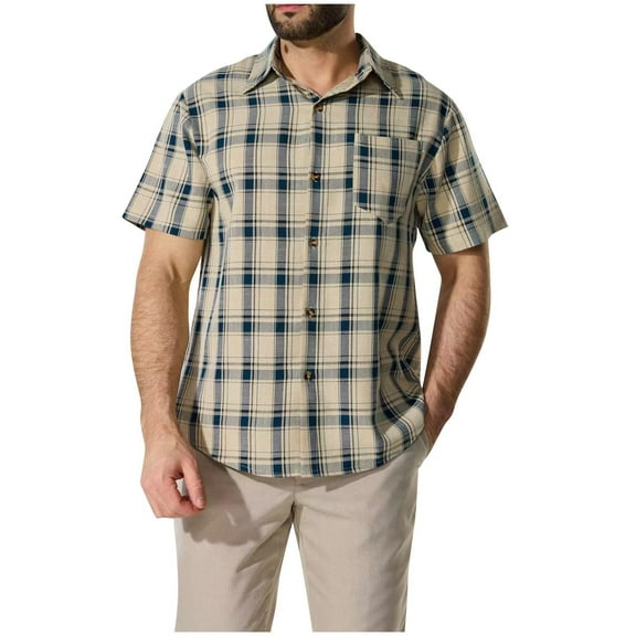 APEXFWDT Plaid Shirts for Men Short Sleeve Button Down Shirt Casual Regular Fit Formal Business Gingham Shirts XXL,Khaki
