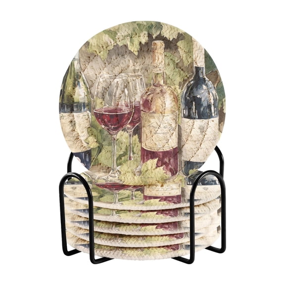 Haosy Set of 6 Drink Woven Coaster with Holder Heat Resistant Non-Slip Bar Coasters 4 Inches Grape and Wine