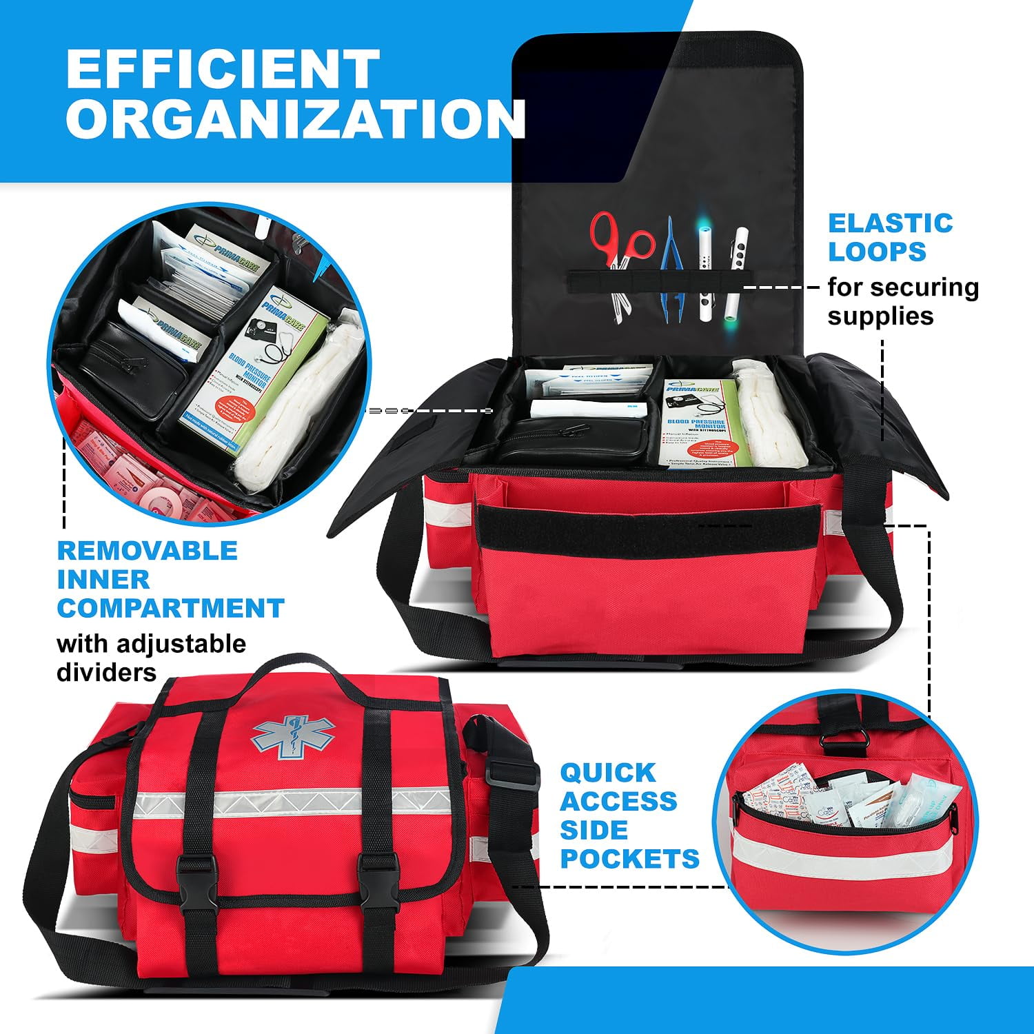 Primacare KB-RO75-RD EMT Trauma Bag – Fully Stocked First Aid Kit, Red with Reflective Strips, 17" x 9" x 7"