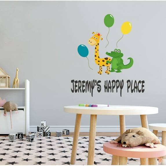 KIDS ROOM - Easy to Apply Vinyl Safari Animals Decoration Giraffe & Crocodile Multicolored Balloons Design Kids Playroom Bedroom Customized Name Wall Decal Sticker 27" x 30"