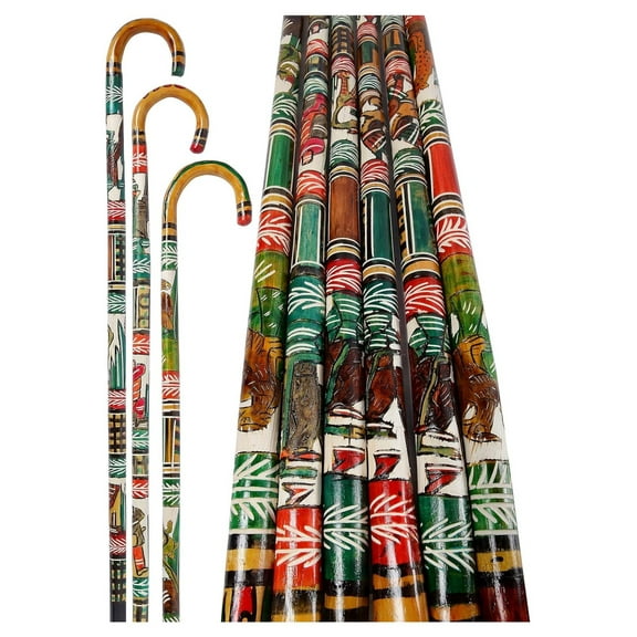 Beautiful Hand Carved Walking Cane, Mexican Mayan, Aztec Hand Painted Designs Made in Mexico