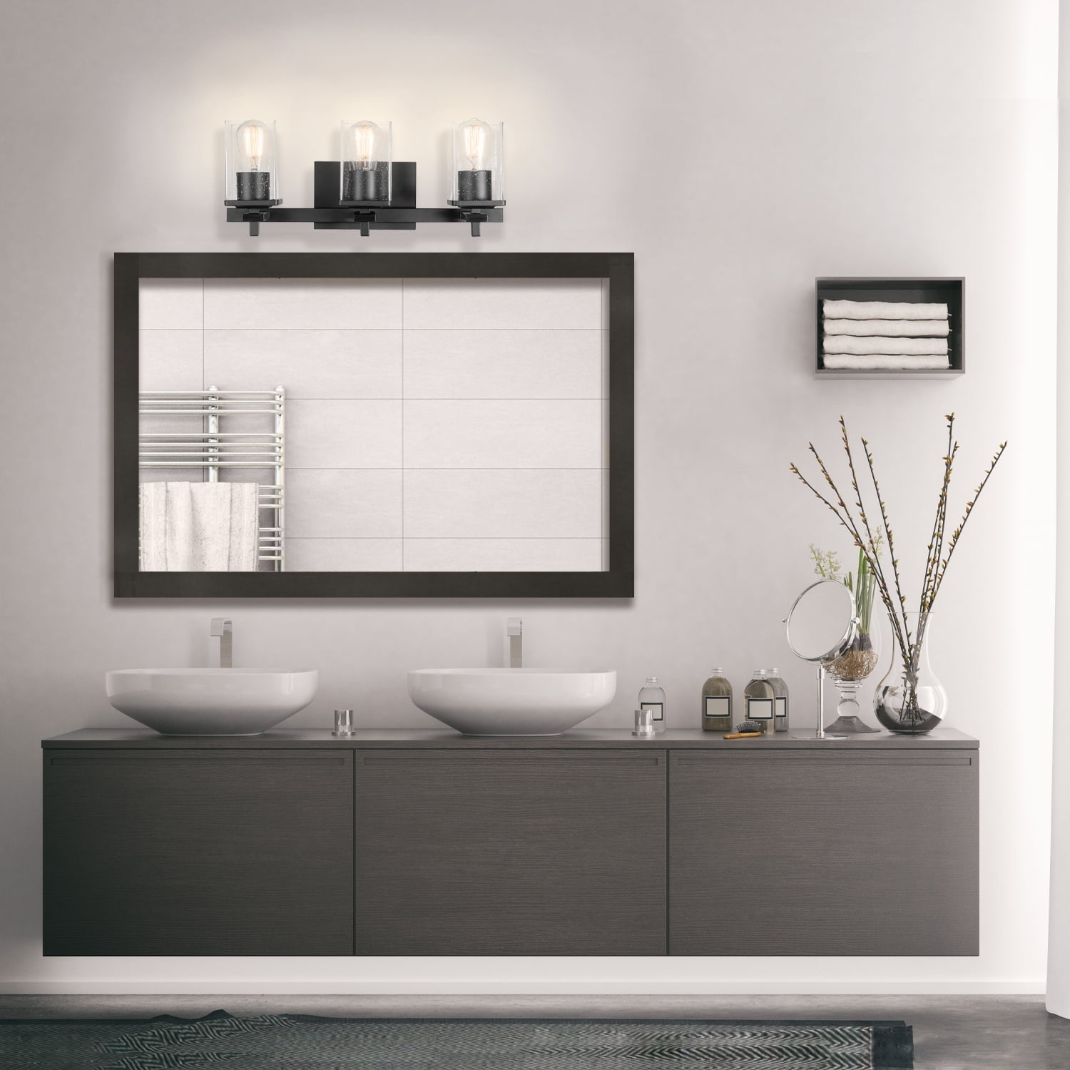 5-Piece All-In-One Bathroom Set, Matte Black, 20" 3-Light Vanity Light with Seeded Glass Shades, Towel Bar, Toilet Paper Holder, Towel Ring, Robe Hook