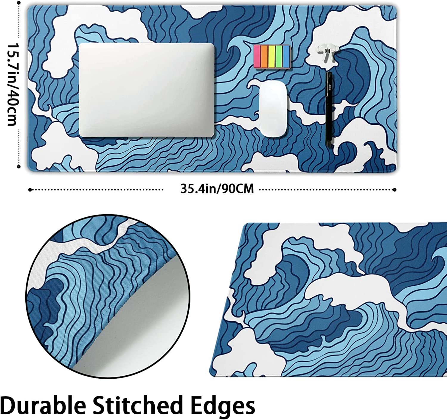 Japanese Blue and White Wave Gaming Mouse Pad XXL Anime Sea Texture Extended Large Desk Mat Big Mousepad Non-Slip Rubber Base Stitched Edge Long Mousepad for Desktop PC Computer Gamer, 35.4 x 15.7 in
