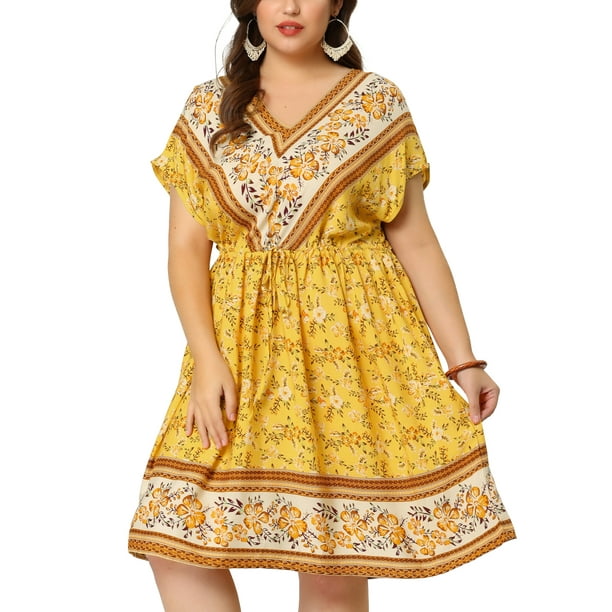 Women's Plus Size Dress Boho Placed Pattern V Neck Drop Shoulder Drawstring Waist Dresses Yellow 2X