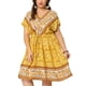 thumbnail image 1 of Women's Plus Size Dress Boho Placed Pattern V Neck Drop Shoulder Drawstring Waist Dresses Yellow 2X, 1 of 7