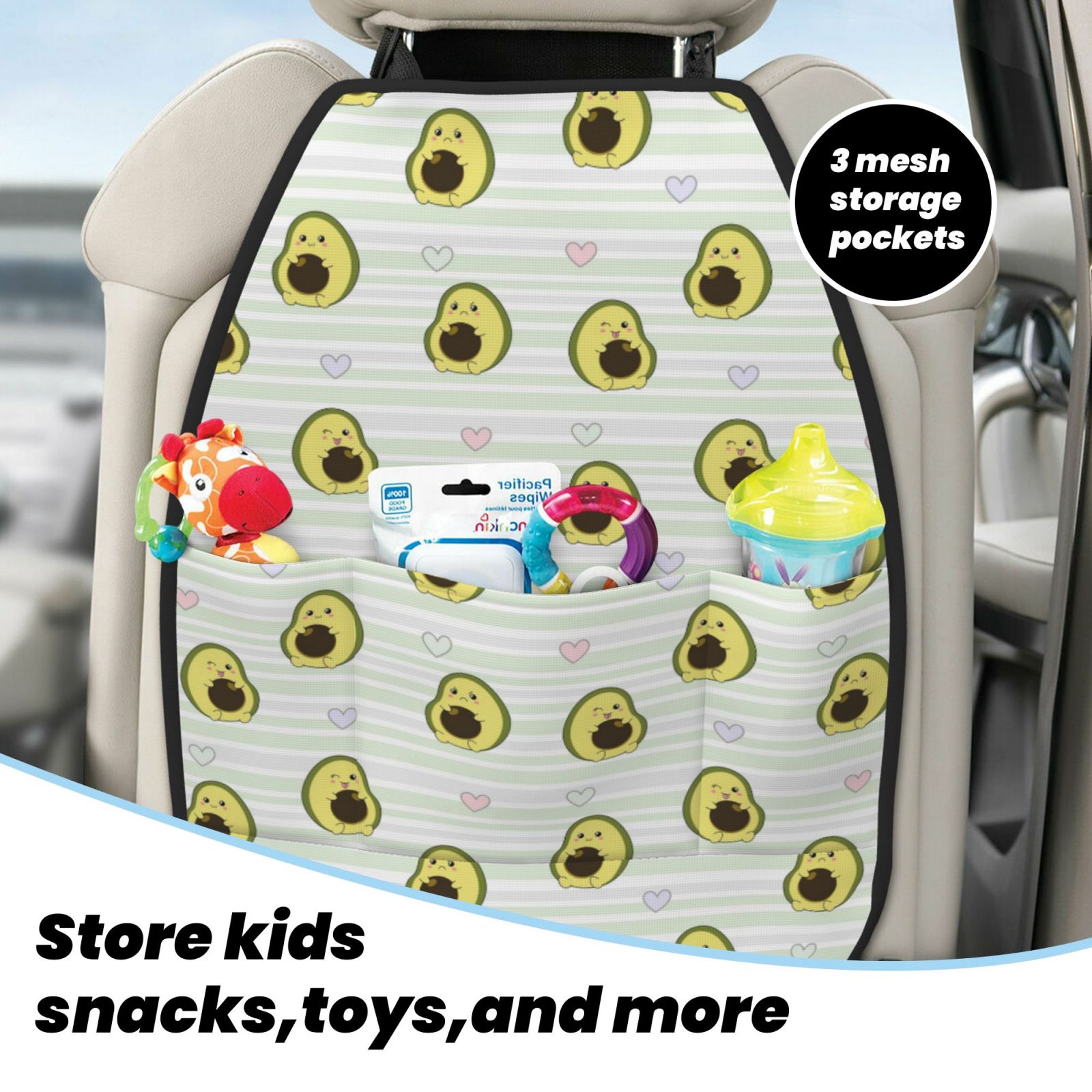 Xecao Avocado of a Hear Pattern Car Seat Back Protector 2 Pack Large Capacity Pocket, Kick Mats Back Seat Protector