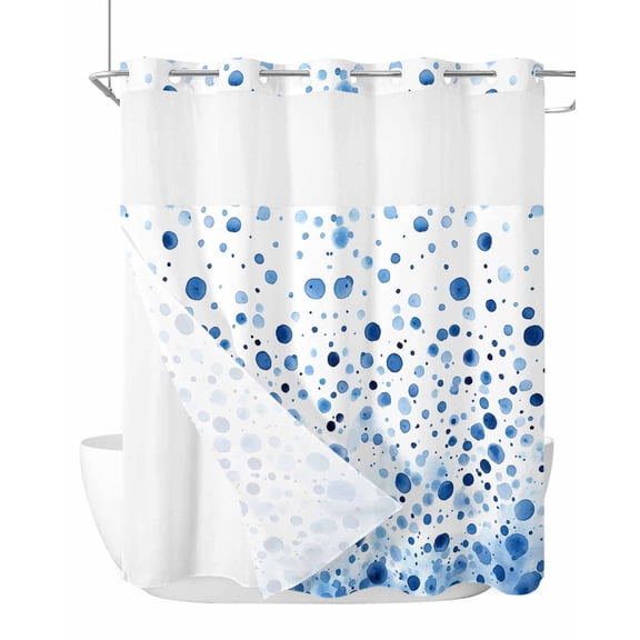No Hook Cloth Fabric Shower Curtain with Snap in Liner, Blue Polka Dot Waterproof Shower Curtains Set with See Through Top Window, Modern Art Abstract Watercolor Dot Bath Curtains Shower 72"x78"