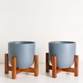 thumbnail image 3 of Peach & Pebble 7" Set of Two Blue Indigo Egg Shaped Planter + Medium Wood Stand, 3 of 3