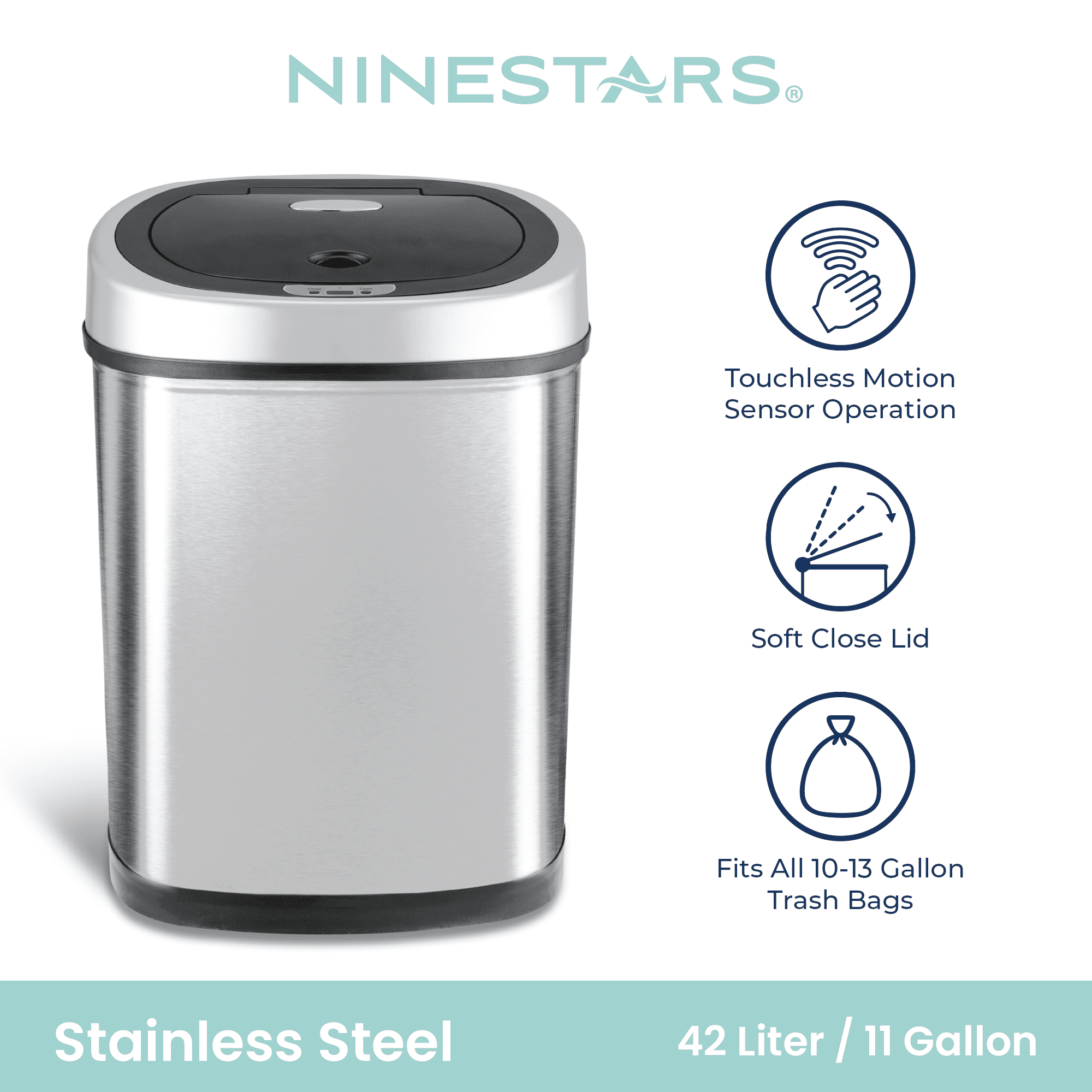 Nine Stars Automatic Kitchen Trash Can, 11 Gallon Stainless Steel Motion Sensor Garbage Bin with Soft Close Lid, Silver