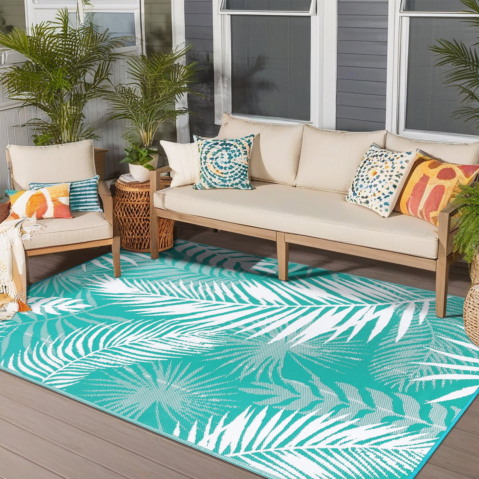 MeyJey Outdoor Rug, 5'x7' Reversible Waterproof Area Rug, Plastic Mat for RV Patio Camping, Teal