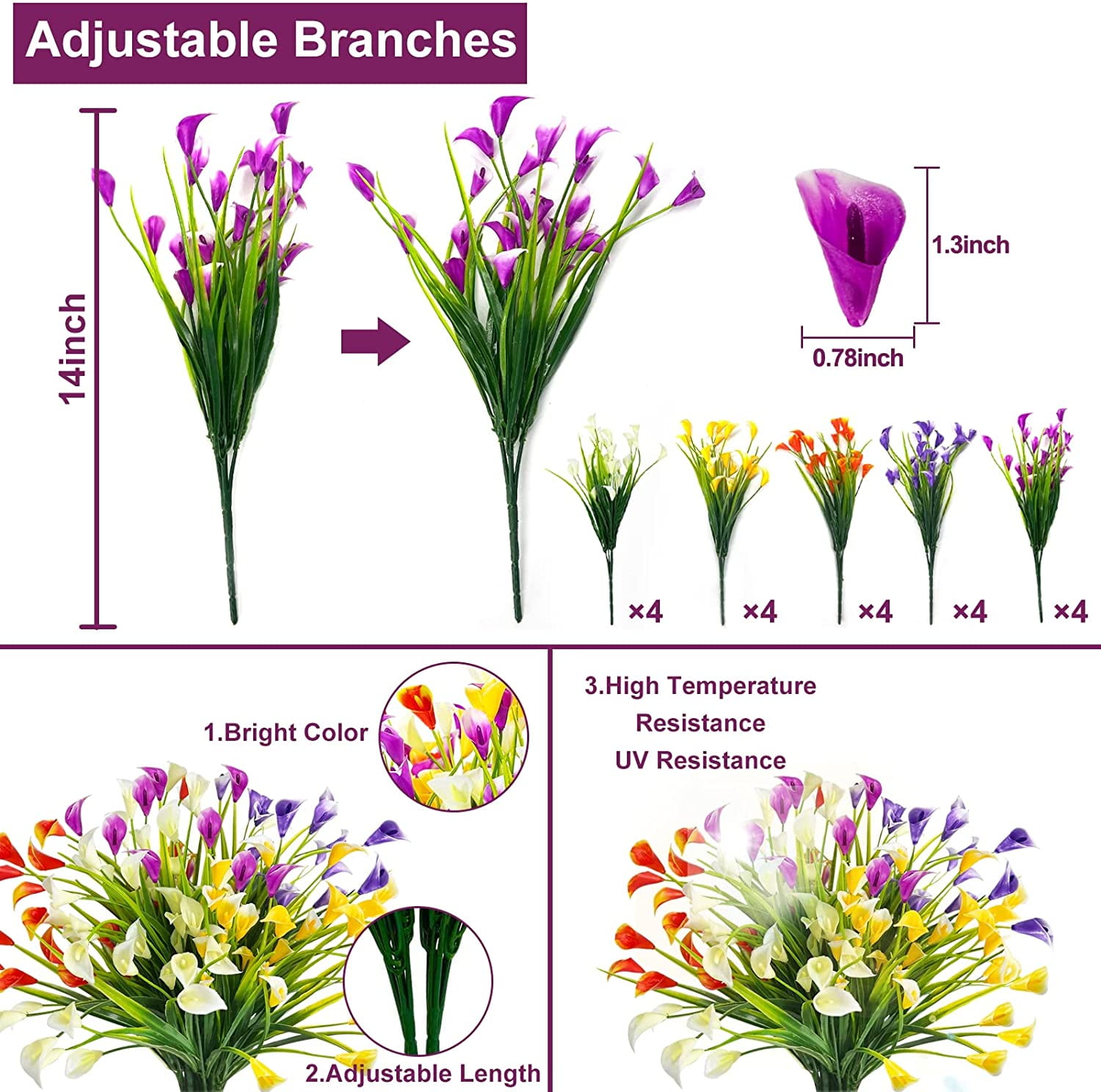 Calla Lily (5Heads) Artificial Flowers for Outdoors, Fake Plants UV Resistant Faux Plastic Flowers Indoor Outside Planter Home Porch Summer Cemetery Decor(Color Mix)