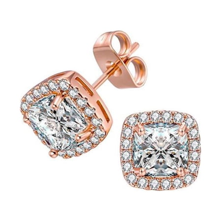 Paris Jewelry 10k Rose Gold Plated 4 Carat White Princess Cut Created Halo Sapphire Stud Earrings