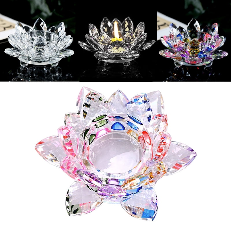 Crystal Glass Lotus Flower Candle Tea Light Holder Round Ball Bottom Ornament 