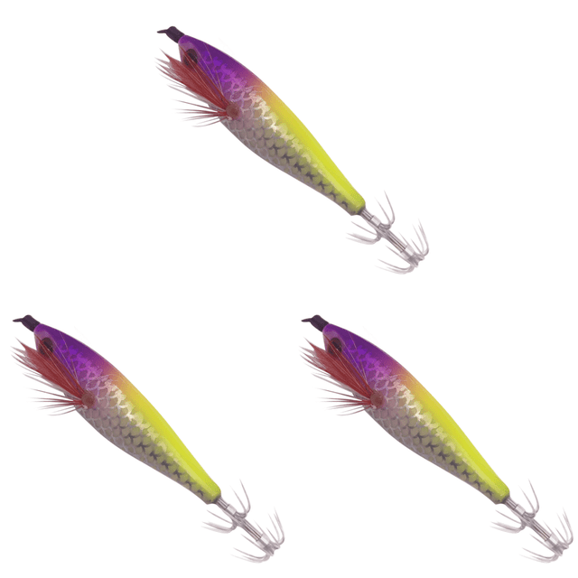 3uds. Señuelo de pesca de camarones de madera con anzuelo de calamar para agua dulce y salada (estilo F)