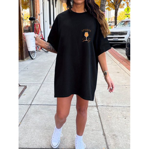 Women's Aperol Spritz Graphic Print Crew Neck Tee Dress - Casual Short Sleeve Summer Dress with Relaxed Fit, Machine Washable & Versatile for Spring/Summer Outfits, Casual Summer Dresses