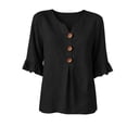 thumbnail image 5 of Cilsoka 3/4 Length Ruffle Sleeve Womens Tops Cotton Linen V Neck Button T Shirts Summer Beach Casual Boho Three Quarter Sleeve Tops, 5 of 6