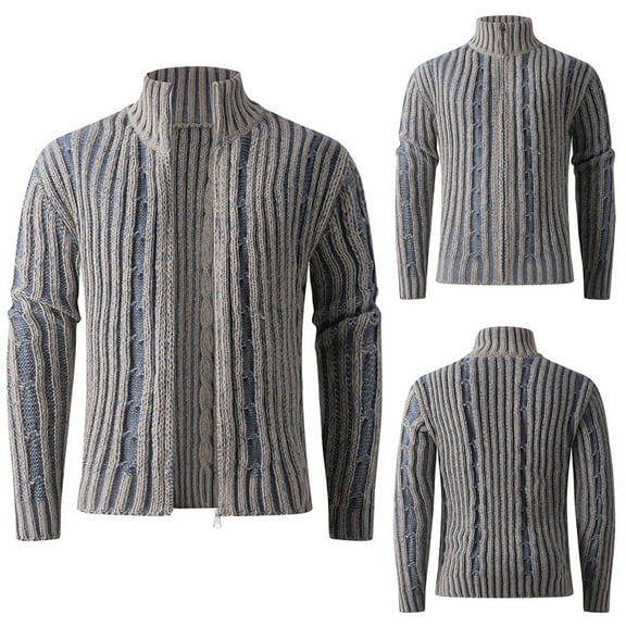 LOVZFMLL Sweaters for Men, Solid Color Acrylic Turtleneck Cable Knit Cardigan, Mandarin Collar Casual Zipper Outerwear, Fall Clothes, Warm Winter Tops