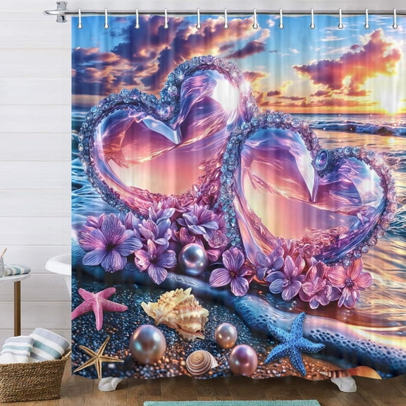 Sunrise Beach Shower Curtain Ocean Pink Love Heart Sunset Bathroom Curtains Coastal Starfish Seashell Pearl Sea Wave Bathtub Decoration Waterproof Bath Home Decor with Hooks-72"W x 72"L (Pack of 1)