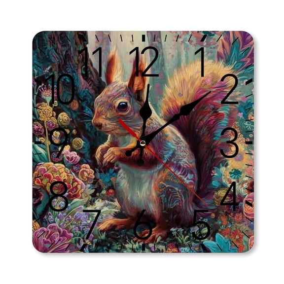 RKSupls 10×10inch Square Silent Wall Clock Wooden Frame, Squirrel Fantasy Flowers Scale Decorative Clock for Home Bedroom Living Room Office