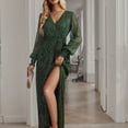 thumbnail image 2 of Vestido de mujer con lunares y lentejuelas, vestido de noche largo elegante sexy con escote en V, manga larga, cintura alta, abertura, vestido maxi con cinturón, 2 of 6