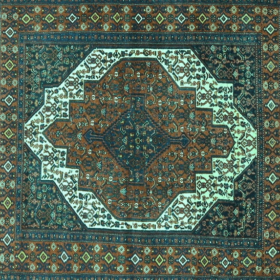 Ahgly Company Machine Washable Indoor Square Medallion Turquoise Blue Traditional Area Rugs, 3' Square