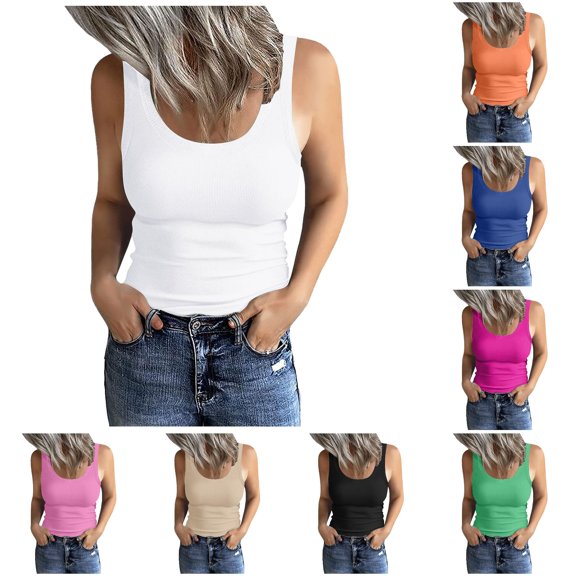 Gyujnb Women U‑Neck Ribbed Sleeveless Tank Top, Slim Fit Basic Casual Layering Cami Vest,White