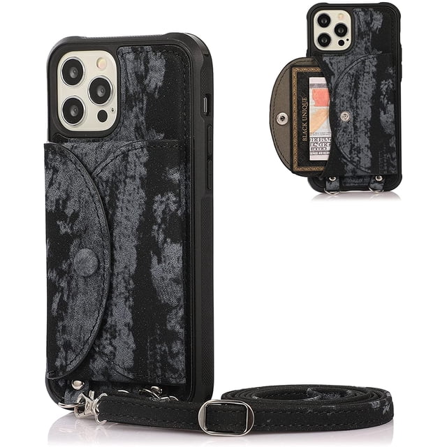 mueisuert Étui Portefeuille Compatible avec iPhone X/XS, Étui de Téléphone Flip en Cuir Mignon de Paquet de Carte de Mode avec Bandoulière Fente pour Carte de Crédit Stand Boîtier de Protection Antichoc (Noir, iPhone X/XS)