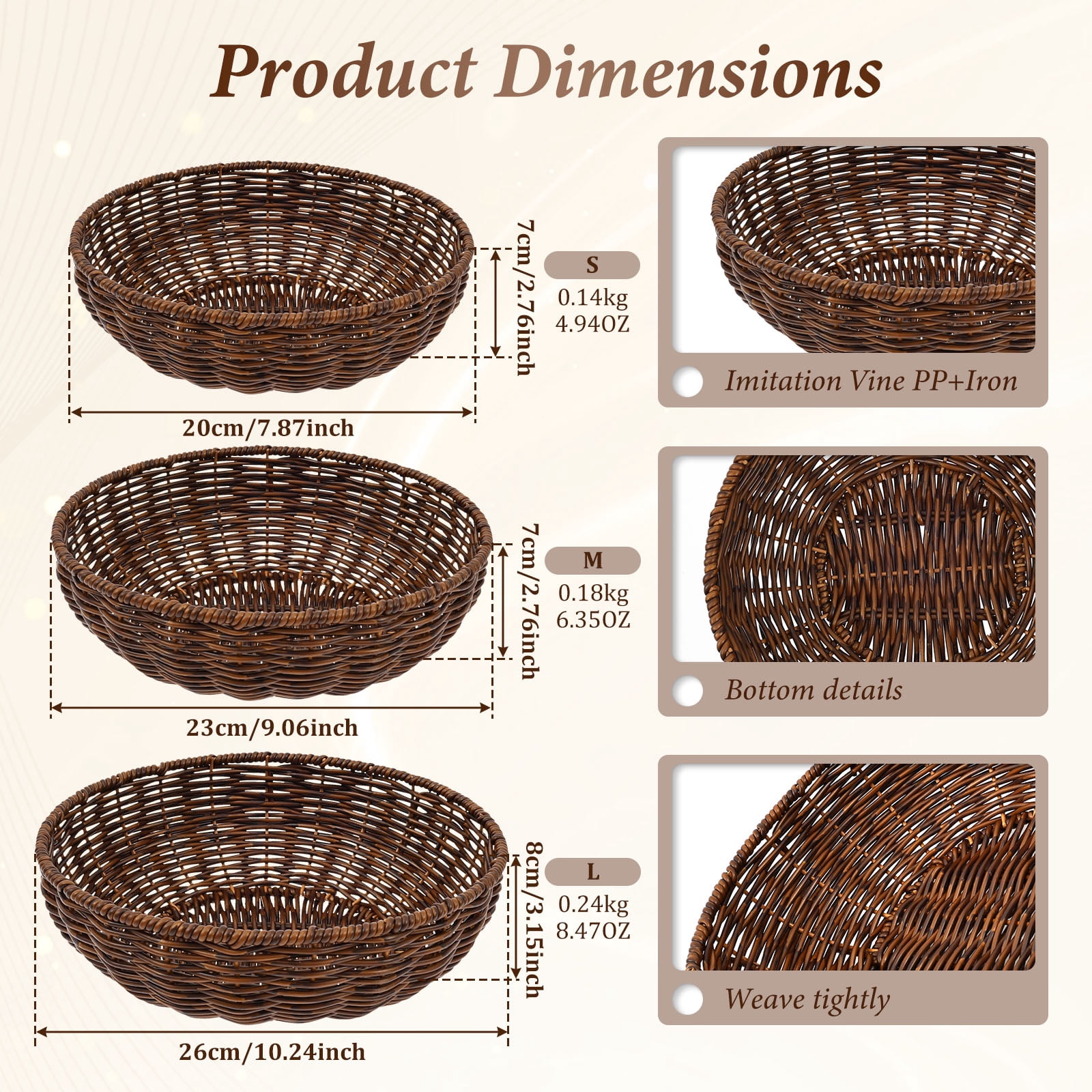 Serving Baskets Set of 3, Round Poly Wicker Bread and Fruit Basket for Food, Washable Storage Bowls for Kitchen Counter