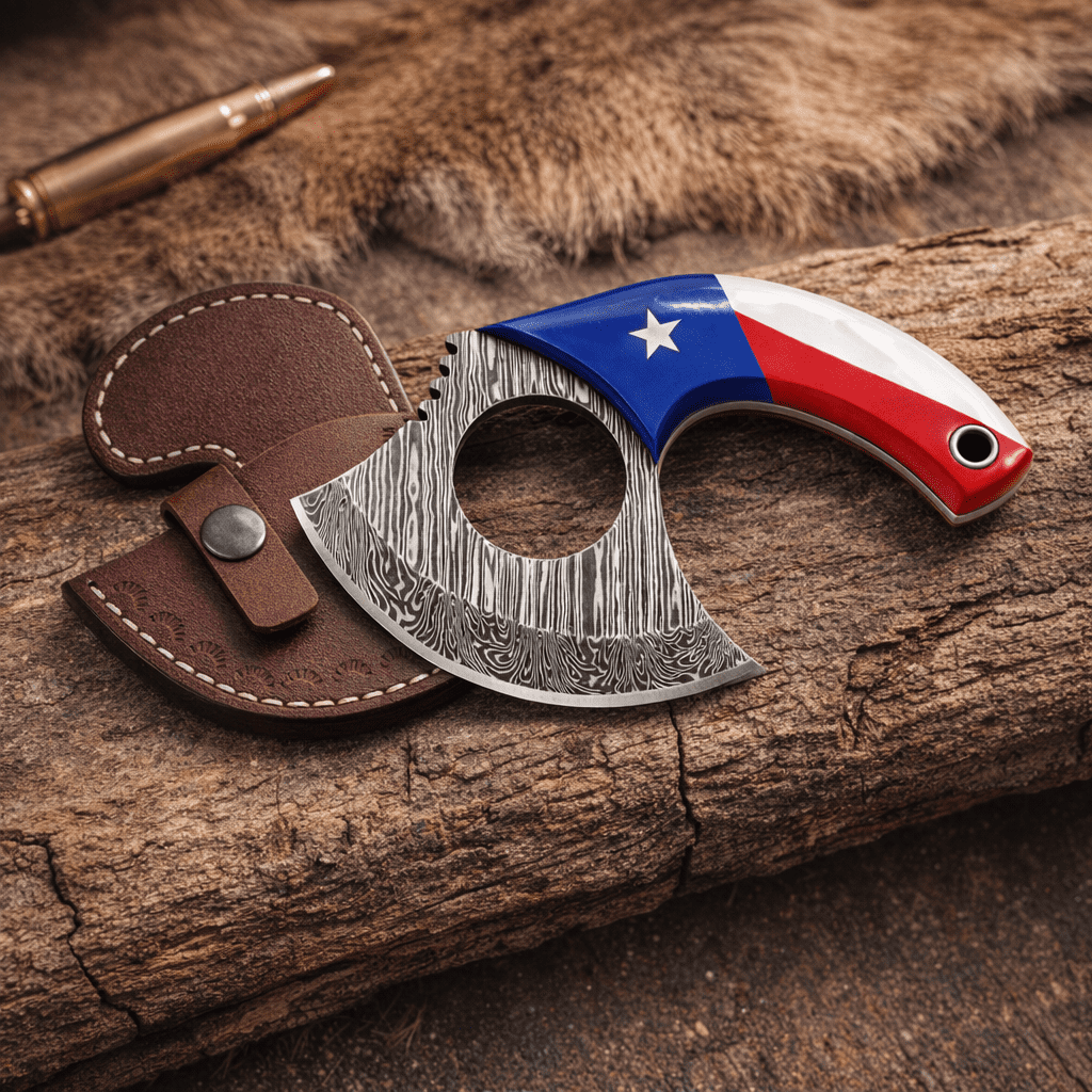 Hercules Knives Damascus Steel Ulu Knife, Fixed Blade Skinner Hunting Knife with Leather Sheath Texas Flag Resin Handle