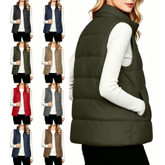 Women's Plus Size Vest Sleeveless Puffer Pockets Zip Up Casual Vest for Outdoor & Casual