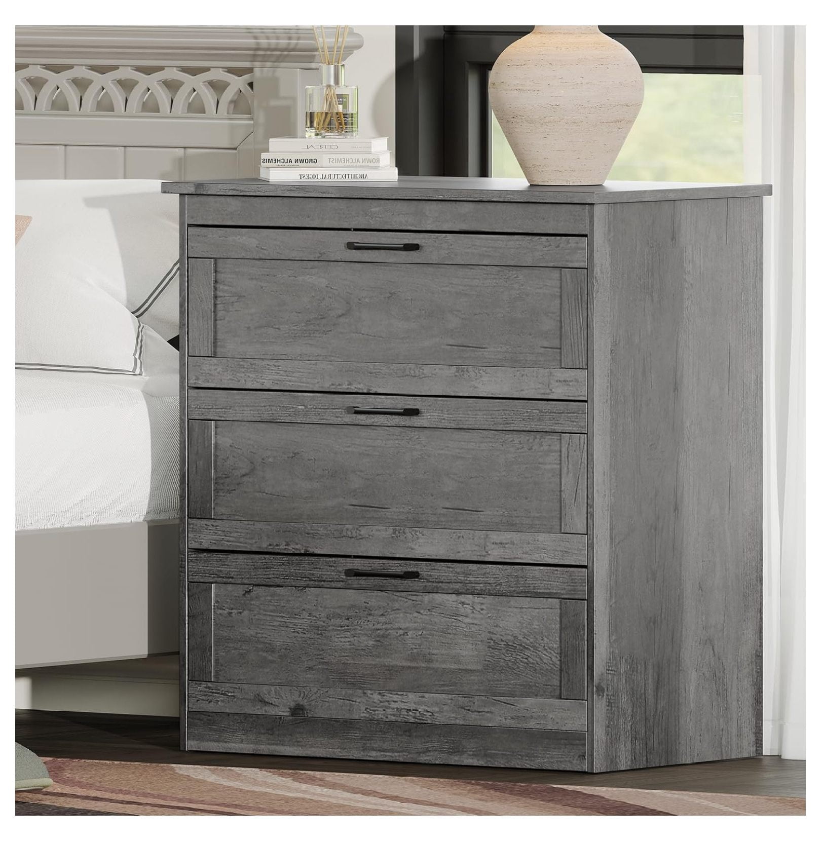 Farmhouse Chest of Drawers, Small Dressers with 3 Drawers for Bedroom, Living Room, Wooden Storage Cabinet, Grey