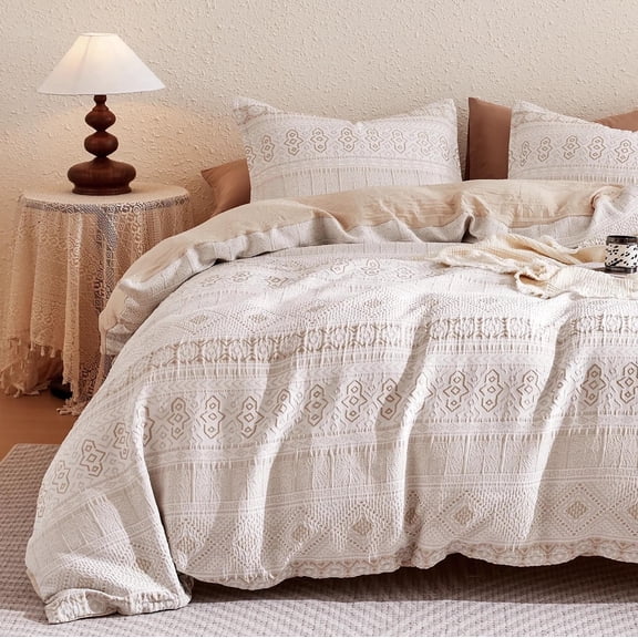 Sonive Boho Duvet Cover Set Modern Classic Beige Woven Jacquard Duvet Cover Set, Queen