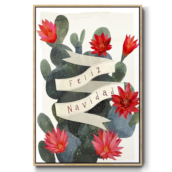 Desert Christmas Cactus I - Framed Gallery Wrapped Holiday Canvas - 17 x 25 - Natural Wood Frame