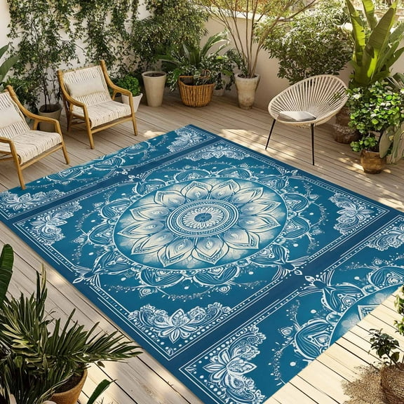 Fsddascl Navy Blue Boho Outdoor Rug for Patio/Deck/Porch, Non-Slip Large Area Rug 4 x 6 Ft, Southwestern Floral Ethnic Tribal Abstract Indoor Outdoor Rugs Washable Area Rugs, Camping Rug Carpet