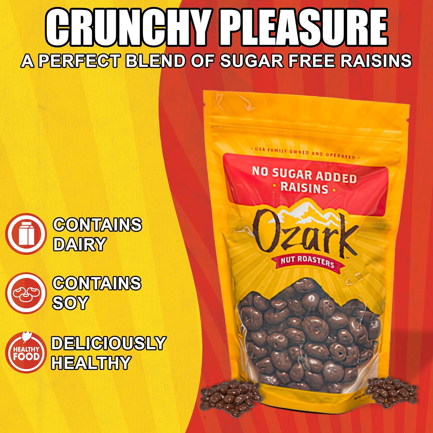 OZARK NUT ROASTERS, No Sugar Added Chocolate Raisins, Sugar-Free Raisins Snack Nuts, World-Class Gourmet Candied Peanuts, Resealable Pack (16.0 oz)