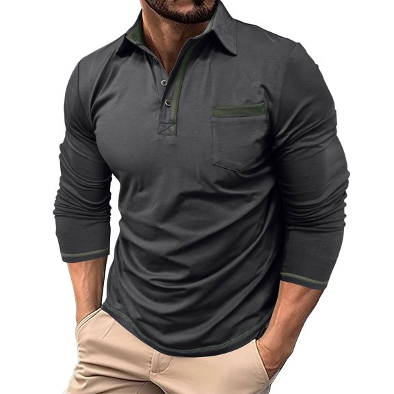 YueHuiYing Men's Casual Linen Shirt with Partial Button Placket Collar Long Sleeve and Chest Pocket Comfort Fit