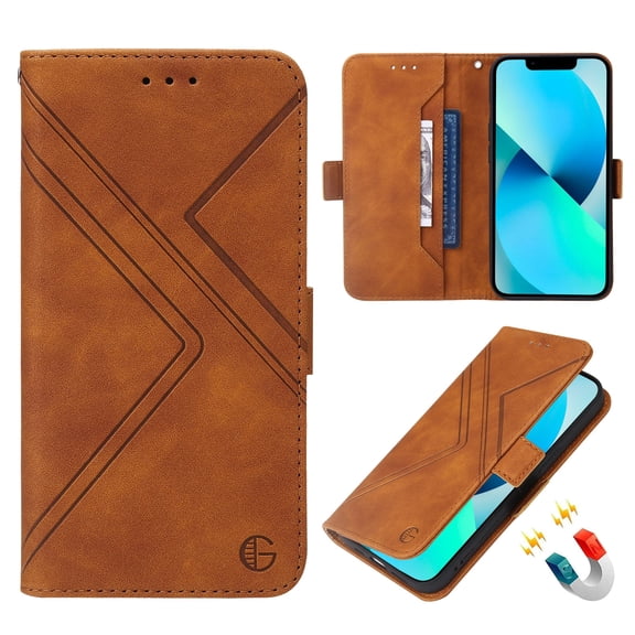 Card Slots Case For iPhone 14 6.1 inch,Full Body Protection Stylish Geometric Lines Embossed Pattern PU Leather Soft TPU Shockproof Magnetic Closure Flip Wallet Stand Cover.Brown