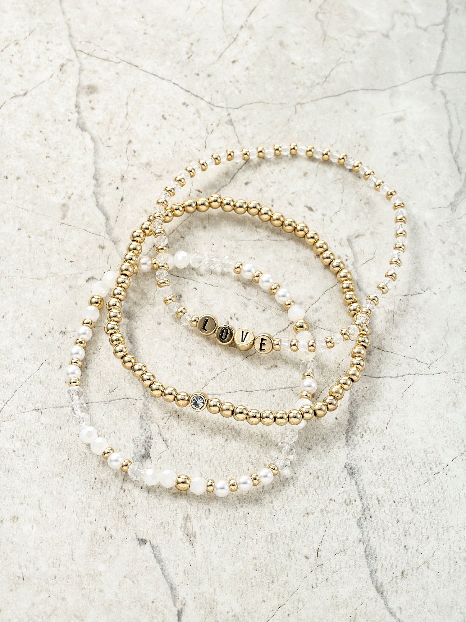 Time and Tru Goldtone Beaded Stretch Bracelets, Love Mantra, 3 Pieces, Female, White