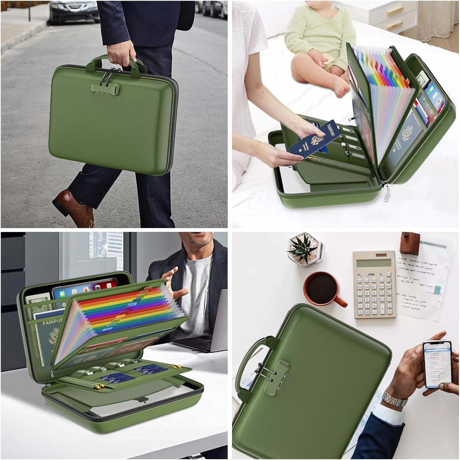 Fireproof File Organizer with Lock, Hard-Shell Case Fireproof Document Box with 13 Pocket Accordion File Folder, Portable Home Office Travel Safe Storage for Important Documents Laptop Green