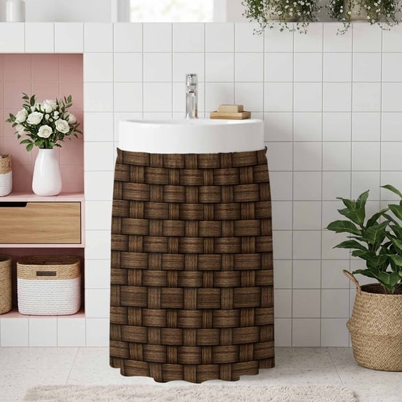 Small Cabinet Curtain 11''W x 13''L, Dark Brown Rattan Under Sink Cover Drapes, Vintage Abstract Wicker Texture Self Adhesive Cabinet Skirt for Kitchen/Bathroom Vanity/Laundry Room/Open Shelf