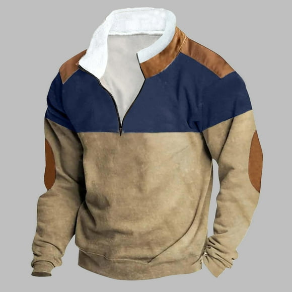 BADHUB Men's Big & Tall Sweatshirts 1/4 Zip Fleece Pullover Color Block Western Cowboy Sweatshirt Elbow Patche Winter Tops Clearance Khaki,L