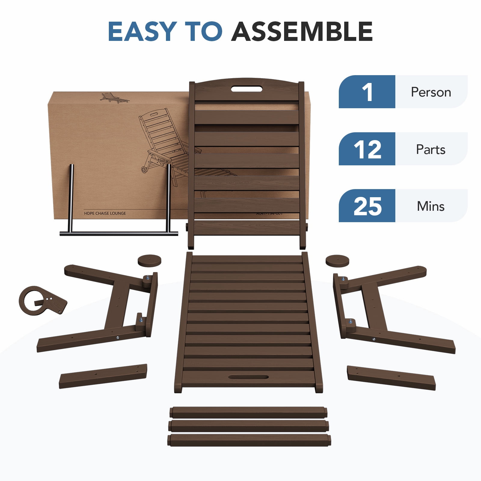 LOYALICE Adjustable Wheeled HDPE Plastic Outdoor Patio Lounge Chair W/ Cup Holder,78.3"x25.1"x16.3", Coffee