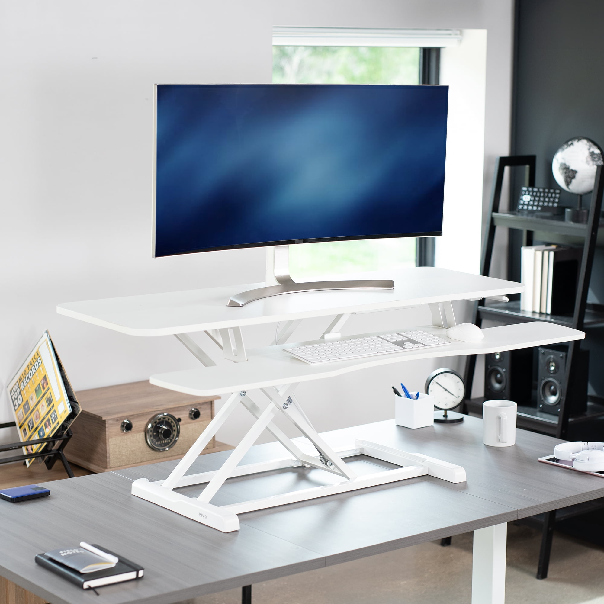 VIVO White Height Adjustable 48" Standing Desk Monitor Riser, Sit Stand Tabletop