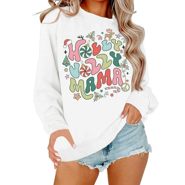Women's Printed Round Neck Long Sleeved Sportswear Pullover Sweatshirt Sweatshirt